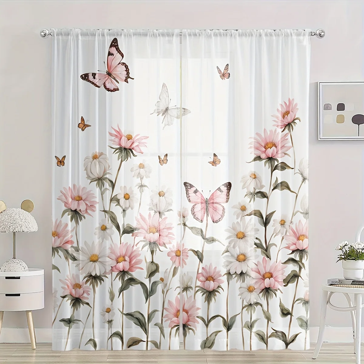 2pcs Pink Peach Blossom Plum Pattern Sheer Voile Curtains Rod Pockets Decorative Curtains For Bedroom Living Room Home Decor