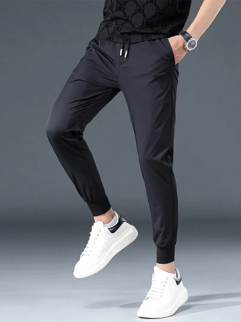 

High-End Color Ice Silk Nine-Piece Men's Summer Thin Elastic Waist Sports Qui-Dry Casual Long Pants Slim Fit Trousers