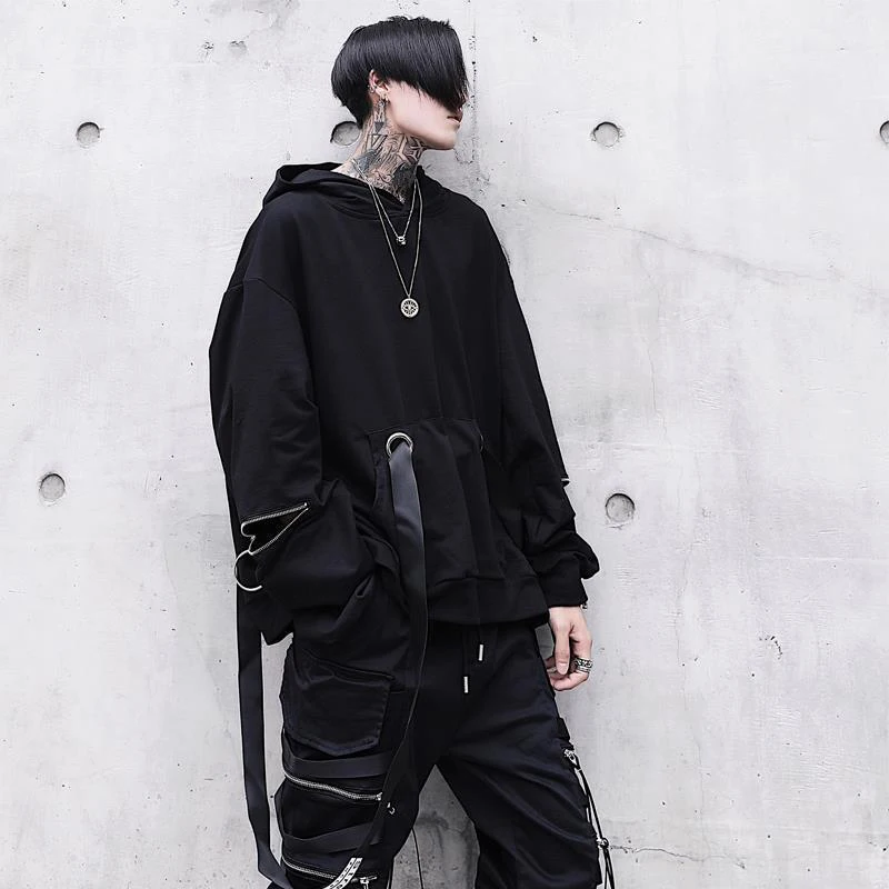 Black Zipper Cool Fashion 2022 Hoodie Long Sleeve Pockets Clothing Sweatshirt Summer Men Oversized Hip Hop Tops Punk Streetwear