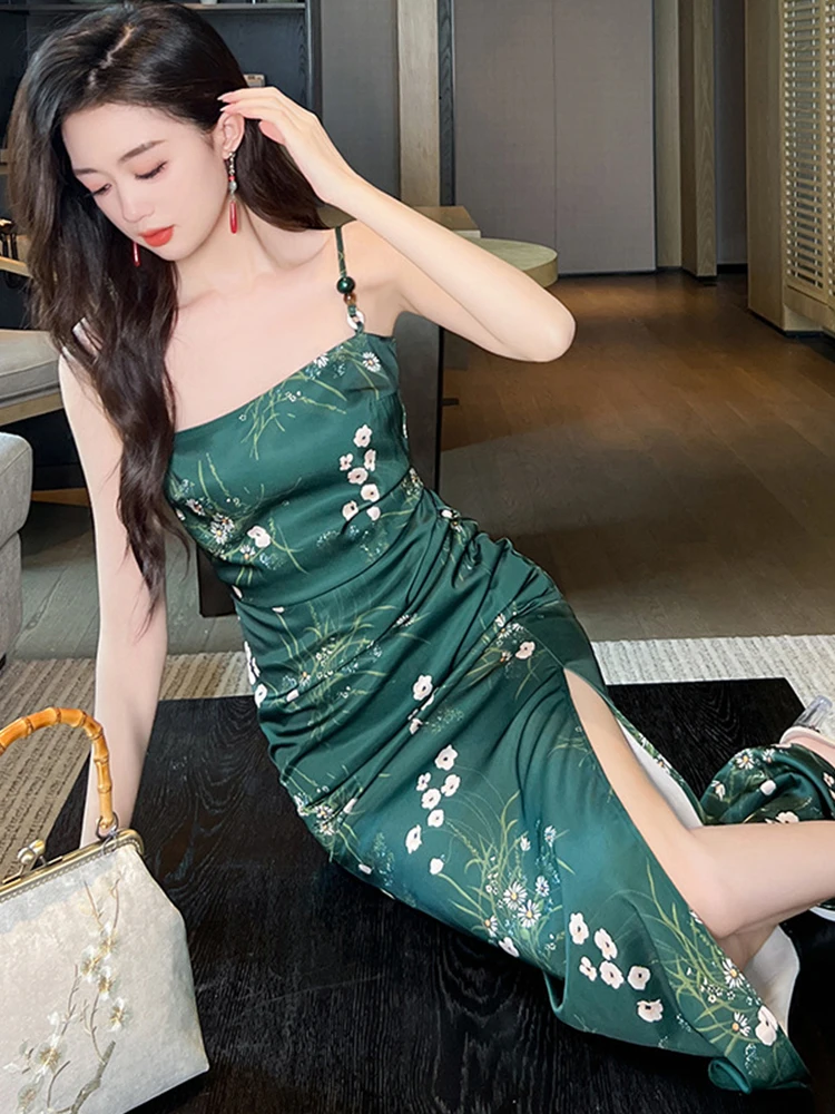 2023 Elegant Retro Long Dress Women Vintage Green Printing Sexy Strap Slip High Waist Folds Split Robe Party Prom Vestidos Mujer