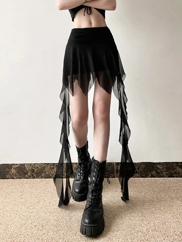 

Y2k Aesthetic Solid Irregular Women's Skirt Sexy Streetwear A-line Gauze Skirts 2025 Summer Personality Harajuku Ruffles Faldas