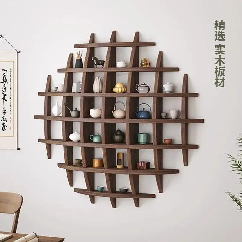 

Wall-mounted Bogu rack Solid wood Chinese wall-mounted teacup rack Wall Duobao Pavilion lattice rack Shelf Display shelf