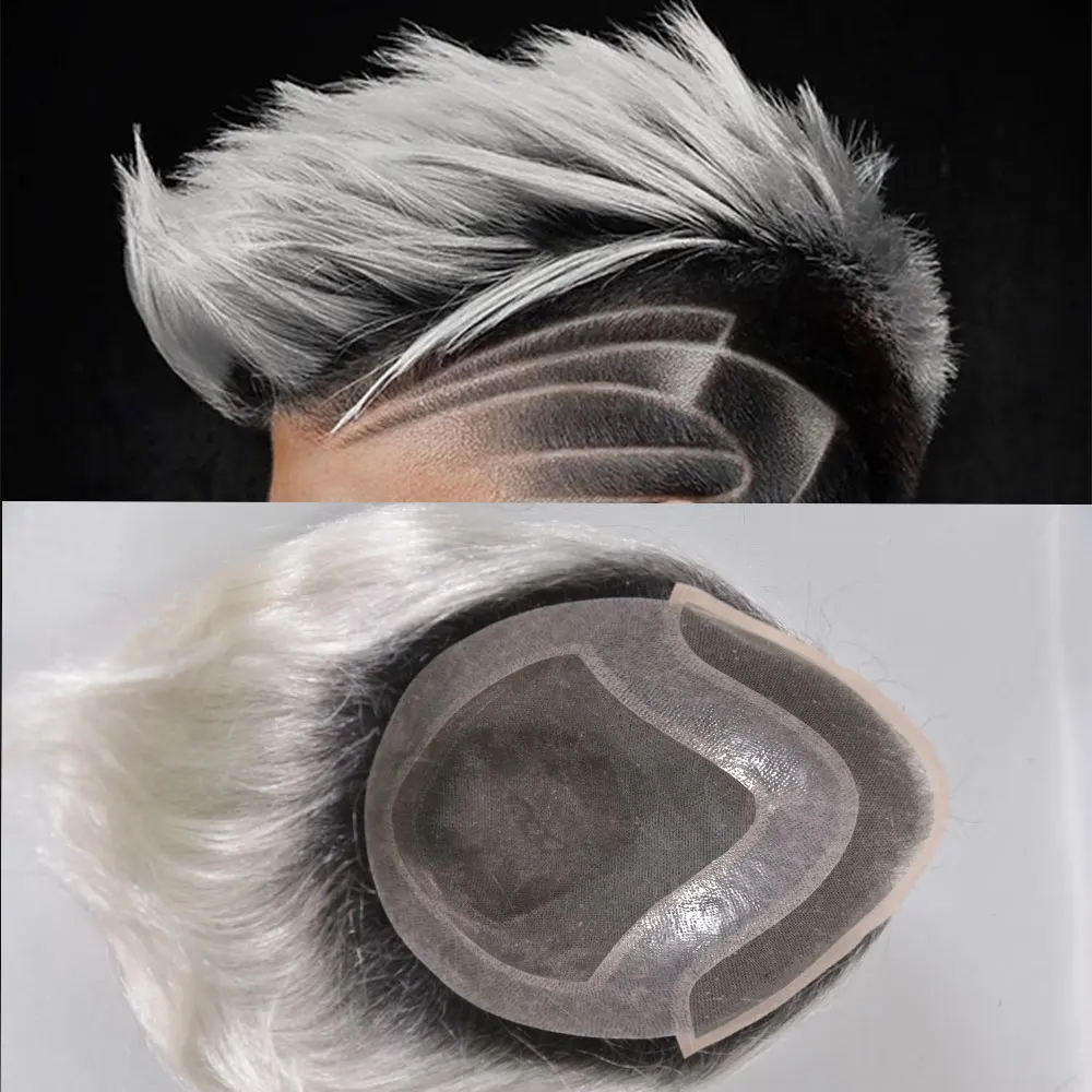 European Virgin Human Hair 10x8'' Men's Toupee Mono Swiss Lace Base with PU Perimeter Natural Omber 60R#Premium Replacement Hair