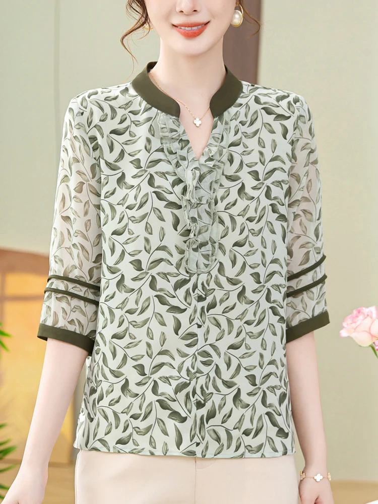 

Green Print Summer Shirts & Blouses Women Short Sleeve Chiffon Clothes For Women Tees Top Shirt