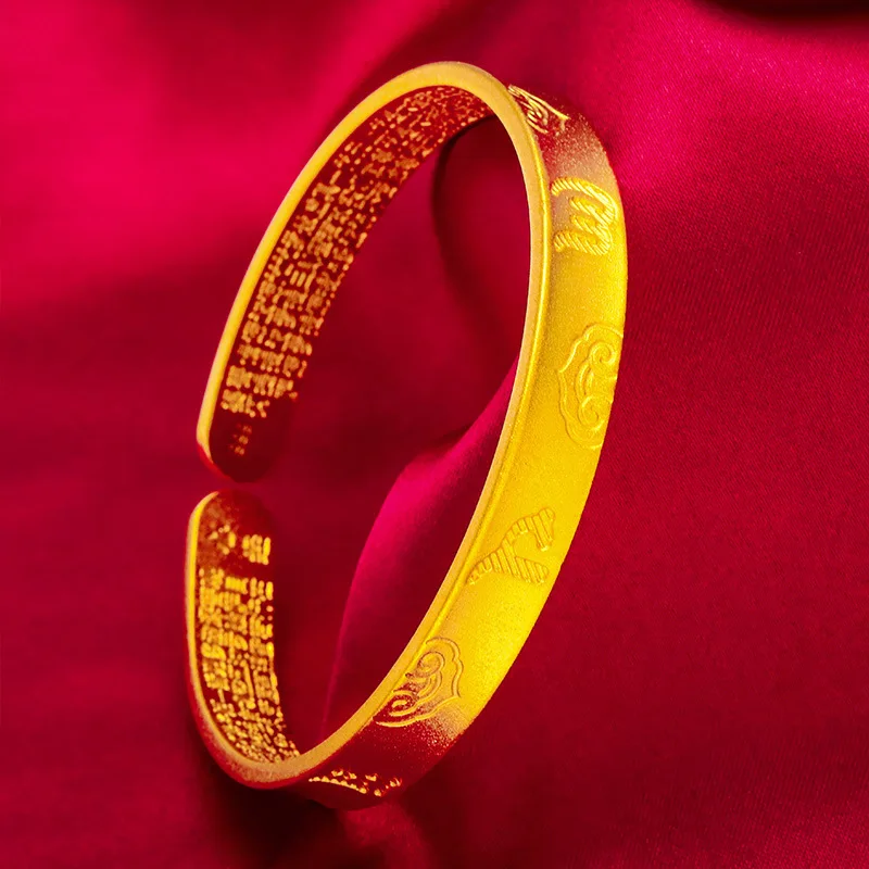 Fylia Jewelry   24K Gold Six-Syllable Mantra Open Bangle  AU999 Pure Gold, embossed mantra script, adjustable opening, auspiciou