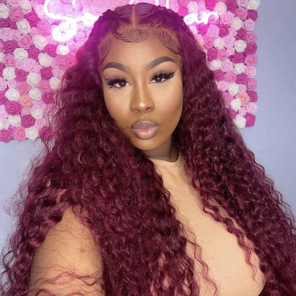 

99J Burgundy Deep Wave 13x6 HD Lace Frontal Wig Pre Plucked with Baby Hair Glueless Human Hair Wig Colored Natural Hairline