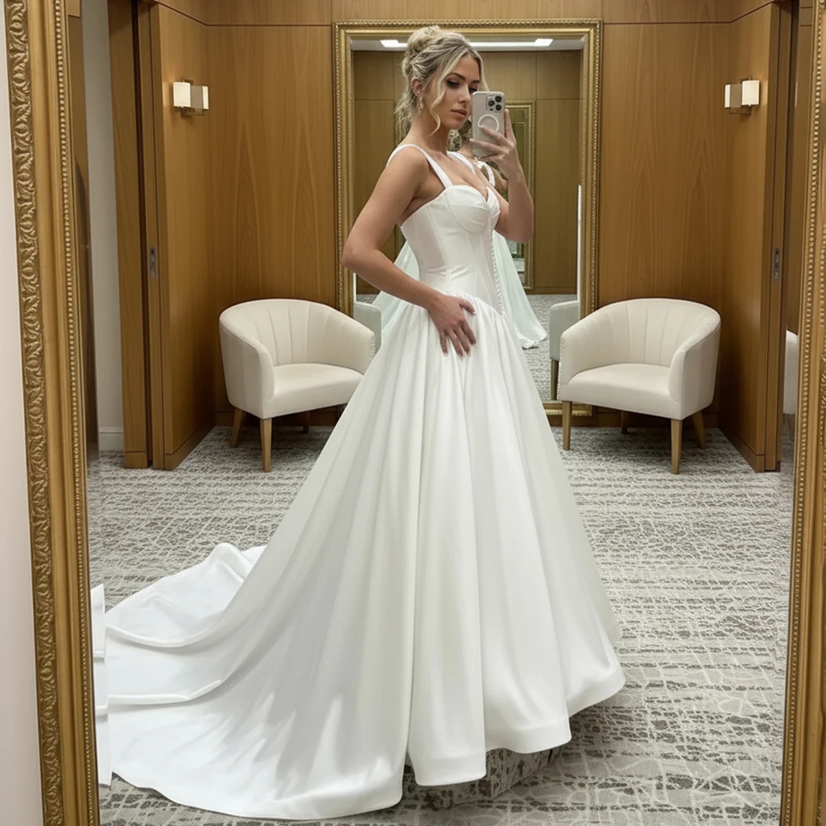 ビーチドレス ノビア Vネック プリーツ ウェディングドレス ロング サテン ボールガウン 花嫁用 ボタン Aライン パフスリーブ ブライダルパーティガウン 女性用