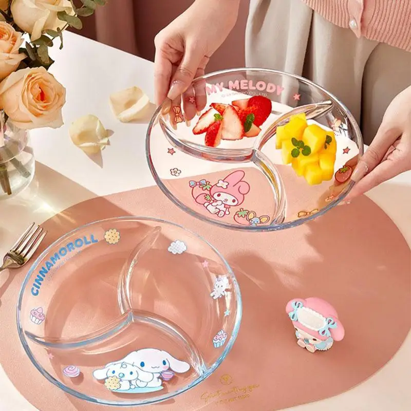 

New Kawaii Sanrio Plate Hello Kitty My Melody Cinnamoroll Household Cartoon Cute Large Capacity Fruit Salad Glass Separate Plate