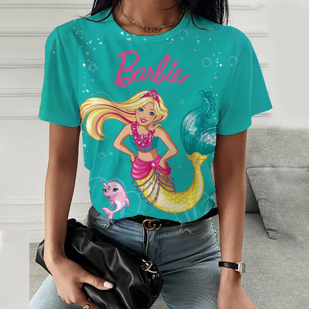 2024 New Women's Round Neck T-Shirt Short Sleeve Barbie Spring and Summer Cartoon Print Genuine Cute Loose Simple Style T-Shirt