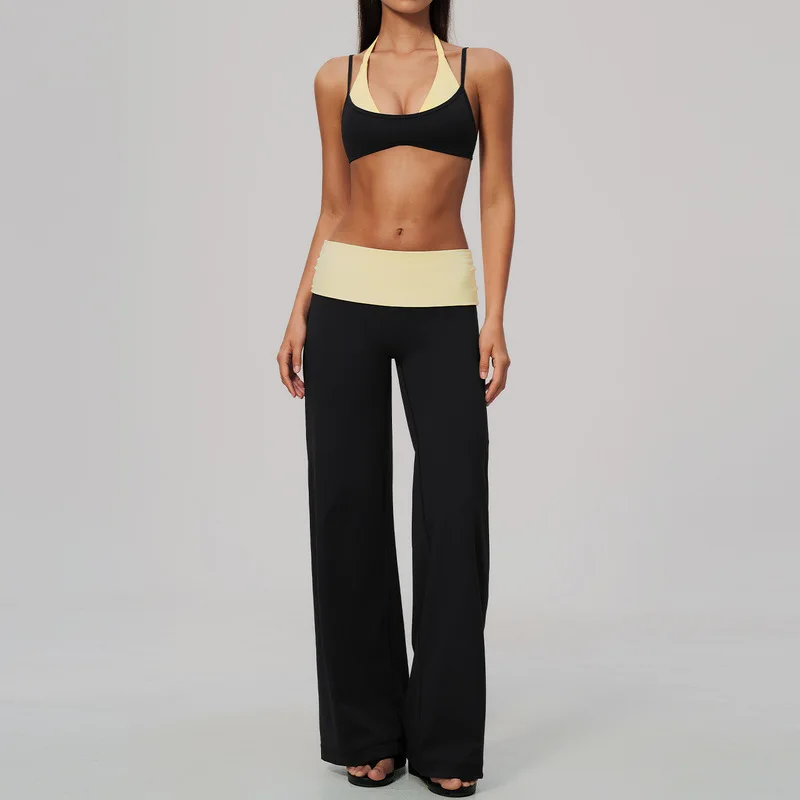Yoga Outfit Set Strappy Back Bra Wide Leg Pants High Waist Tummy Control Leggings Gym Clothing Fitness Suit Sportswear Outfits