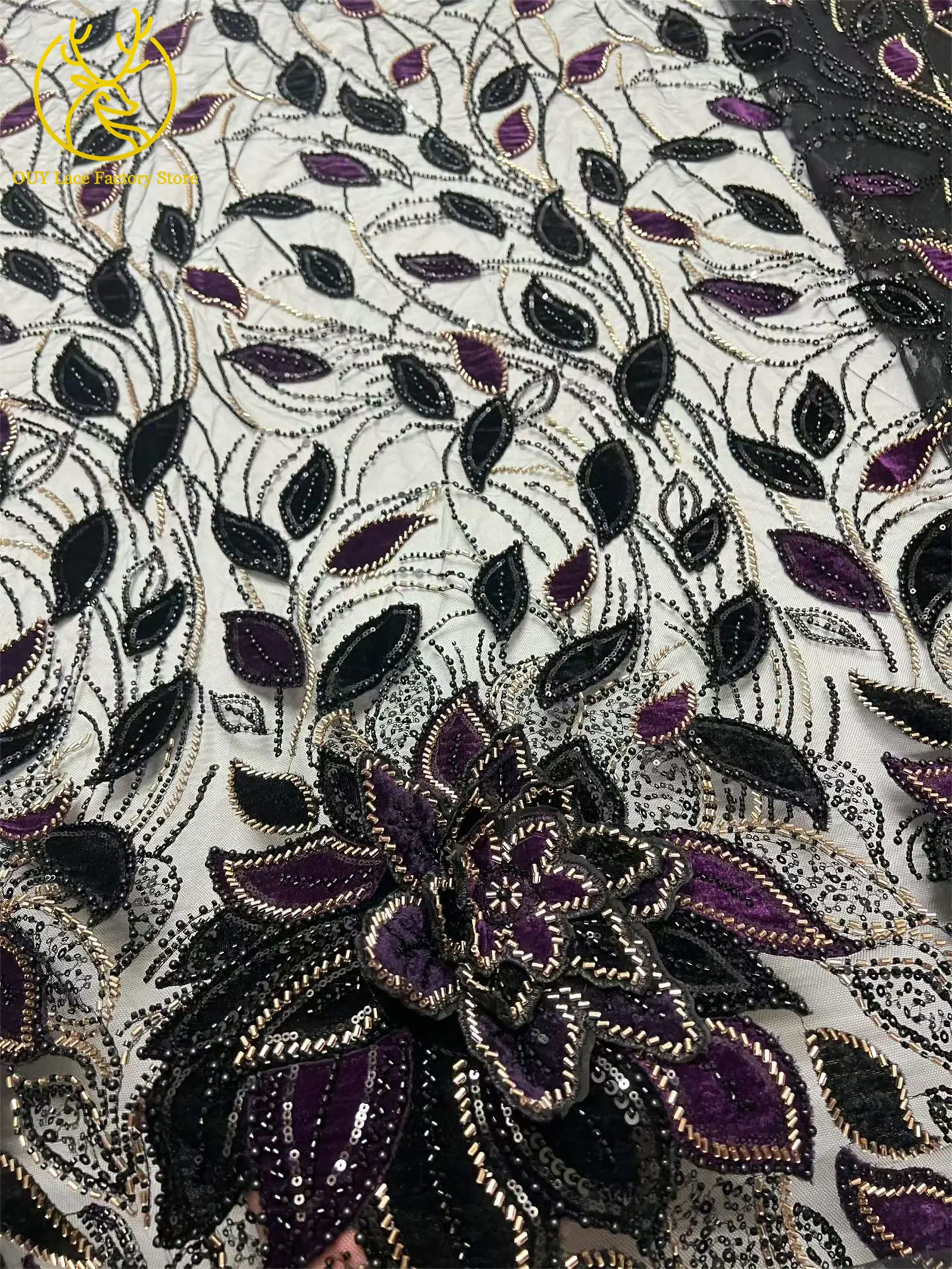 3D-Blumen handgefertigter Perlen-Spitzenstoff, afrikanischer Spitzenstoff, exquisiter nigerianischer Pailletten-Tüll-Spitzenstoff für Hochzeitskleider zum Nähen – Detail 17