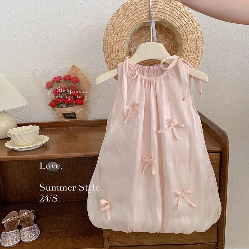 Flower Bud Dress Summer New Korean Solid Color Fashionable Cute Sweet Casual Buttful-knot Sleeveless Flower Bud Dress