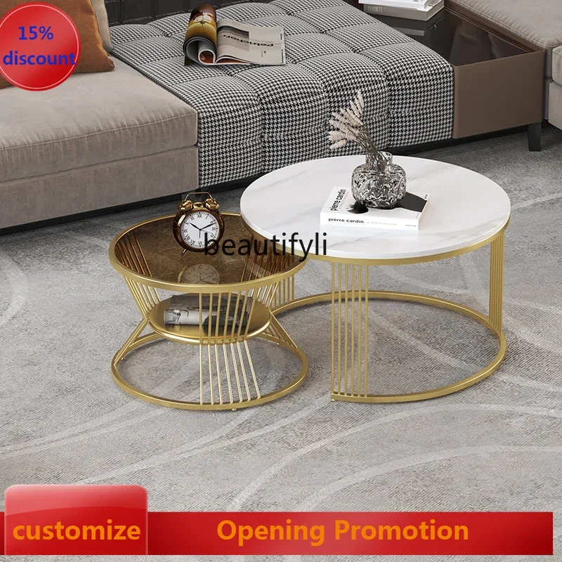 

B7304 ss Living Room Combined Tea Table Light Luxury Italian round Stone Plate Table Simple Modern Marble Side Table