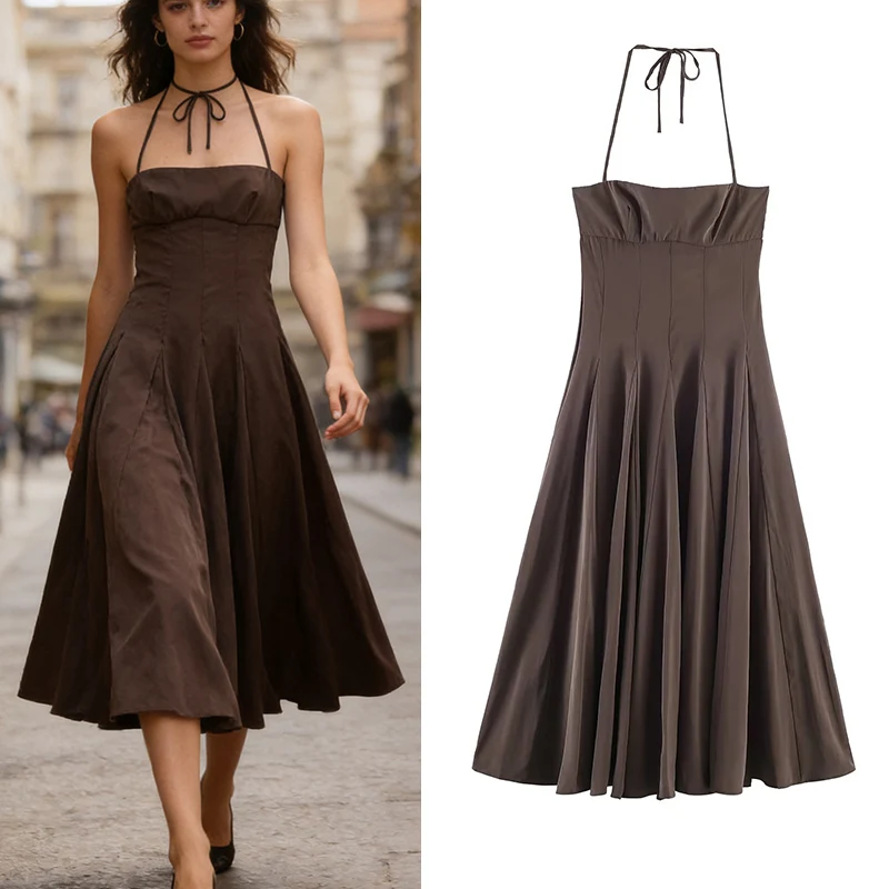 Vestido Feminino 2026 Nova Moda Primavera Verão Vestido Midi com Gola Halter para Mulheres Casual Chique Personalidade Vestido com Alça Fina