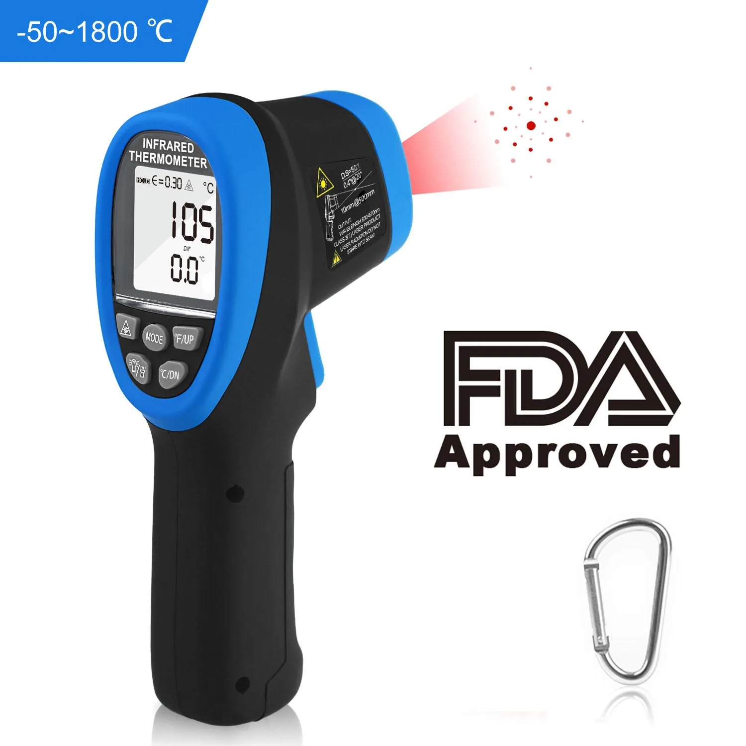 

Industrial Non-contact Infrared Thermometer -50℃~1800℃ 50:1 D:S Ratio Laser Temperature Gun Emissivity Adjustable Backlight