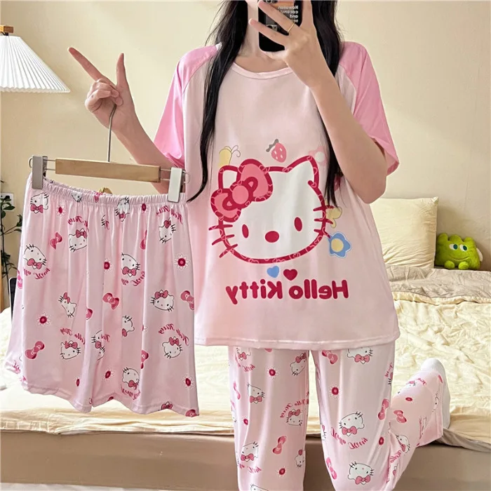 Hello Kitty Pajamas Set Anime Kawaii Sanrio Cinnamoroll Short-Sleeved Shorts Trousers Cute Cartoon Kuromi Printed Home Clothes