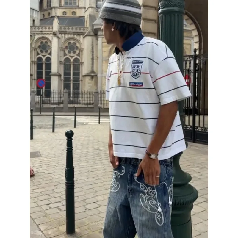 Retro Y2K 2 Pcs Set Street Style Suit Striped Collar Polo Jersey Top Embroidered Bootcut Denim Pants Unisex Casual Streetwear view 2