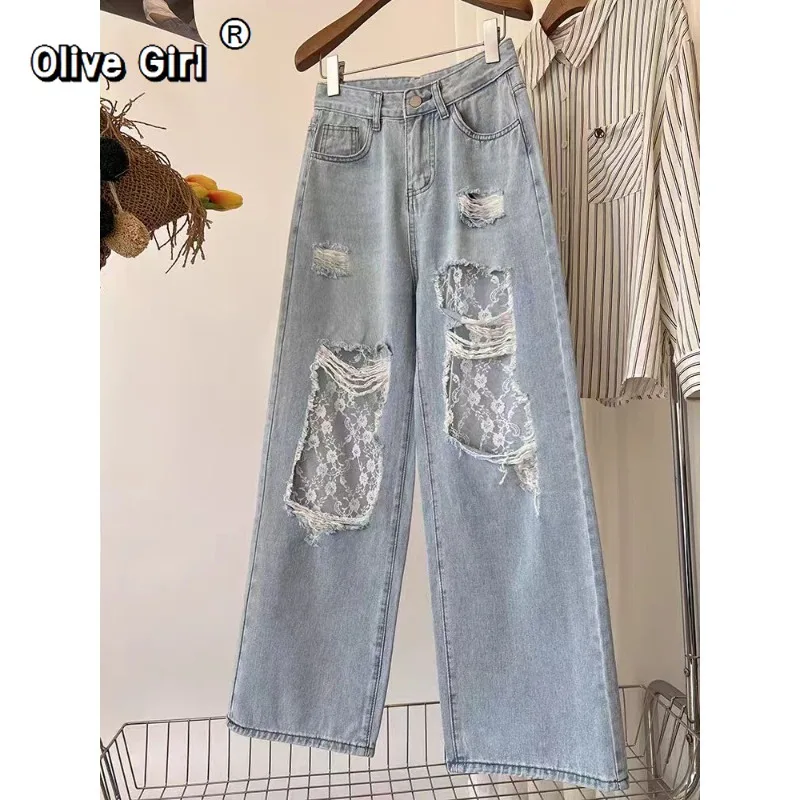 

Джинсовые джинсы Olivegirl, американские ретро кружевные лоскутные рваные брюки, женские брюки, весна 2026, свободные широкие длинные брюки в ленивом стиле
