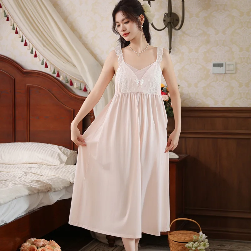 Sling Nightgown Female Summer Sleep Wear Sexy Lace Embroidery French Pajamas Dress Chest Pad Home Service Cotton Night Shirt