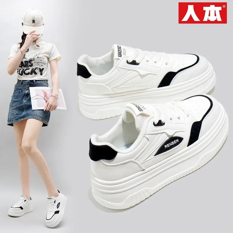 

2025 Spring New Breathable White Shoes Women's Low Top Casual Board Shoes Thick Soled Sponge Cake Shoes