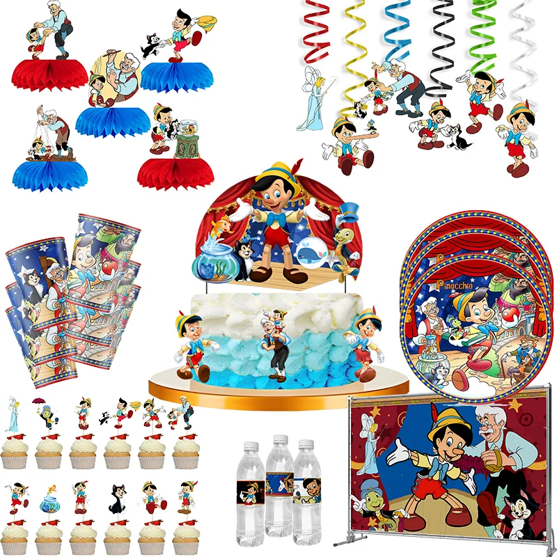 Vajilla desechable para fiesta de feliz cumpleaños, platos de papel, vasos, servilletas, pancarta, soporte para Baby Shower, dibujos animados, las aventuras del Pinocho