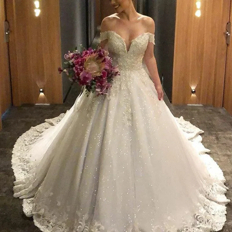 

Customized Ball Gown Wedding Dresses Off Shoulder Lace Appliques Backless Shining Tulle Princess Bridal Gown Vestido De Noiva