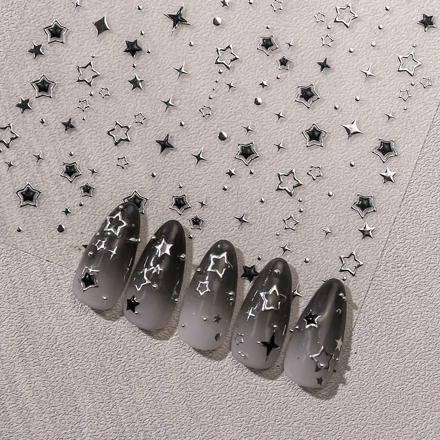 5D Relief Glossy Silver Black Solid Hollow Star Starlight Meteor Adhesive Nail Art Stickers Decals Manicure Charms Accessories