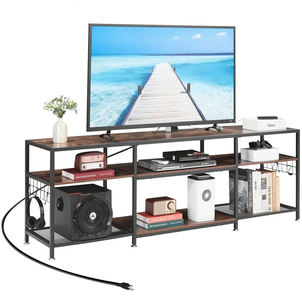 

63 TV Stand With Power Outlets For 55 60 65 70 Inch Television, Entertainment Center With Storage Shelves Hooks, 3Tier Wooden C