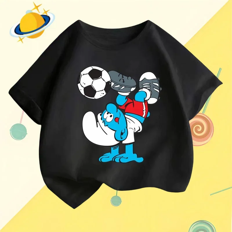 Coppa europea Smurfs estate bambini cartone animato t-shirt Anime stampa sport manica corta ragazzi camicia casual ragazze Kawaii top