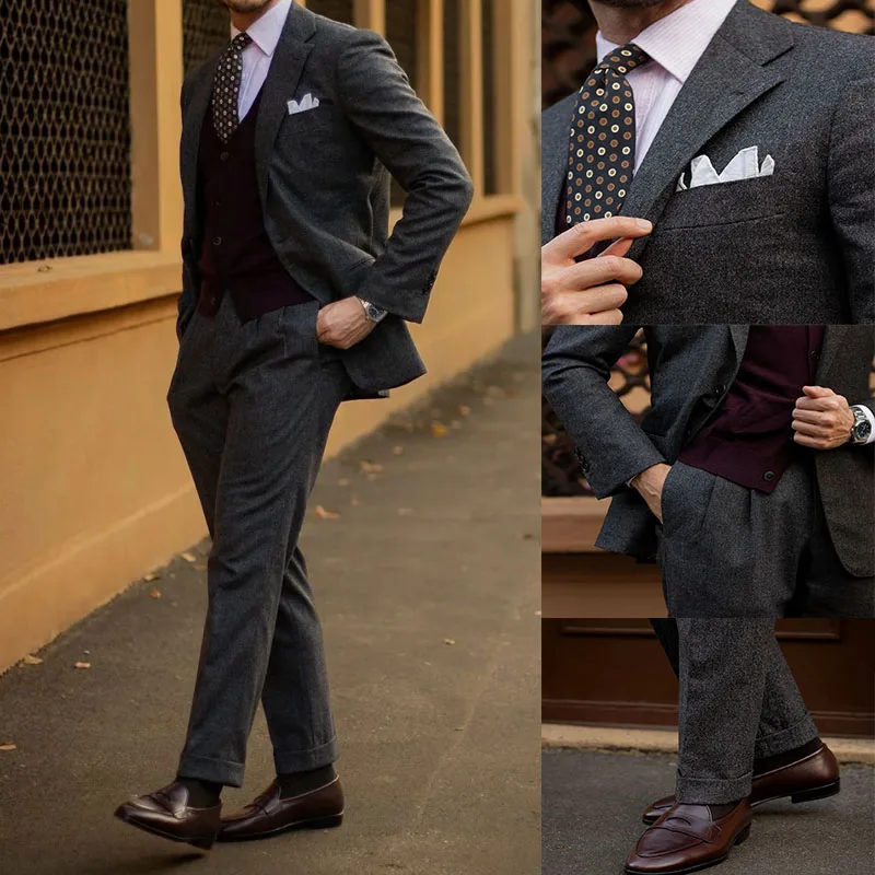 

Retro 2 Piece Tweed Men's Suits Slim Fit Groom Vintage Tuxedos Set Prom Woolen Fabric Blazer Custom Jacket Pants