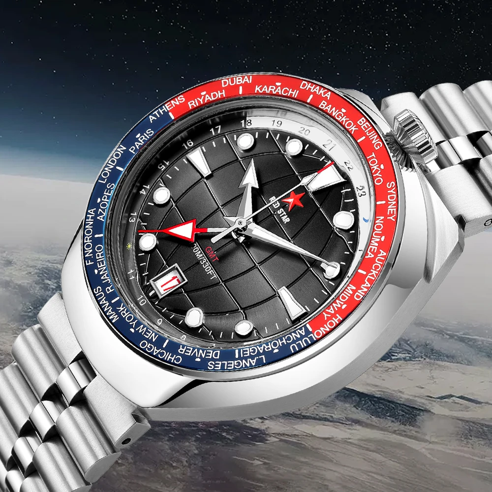 

RED STAR Bull Head 42mm GMT4 Dual Time Zone 100m Diving Automatic Mechanical Men Watches Super Luminous Waterproof Wristwatches