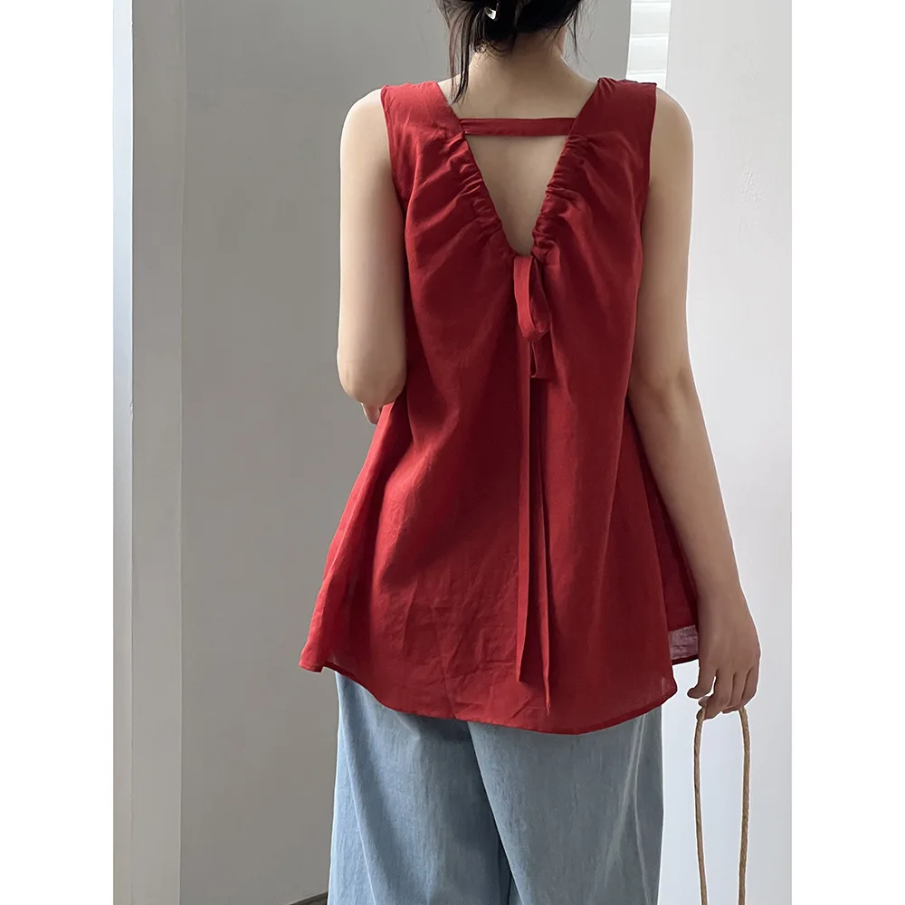 

Women Clothes Korean Style Cotton Linen Sleeveless Doll Shirt 2024 Summer New Girl Fashion Solid Color Simple Loose Sweet Shirt