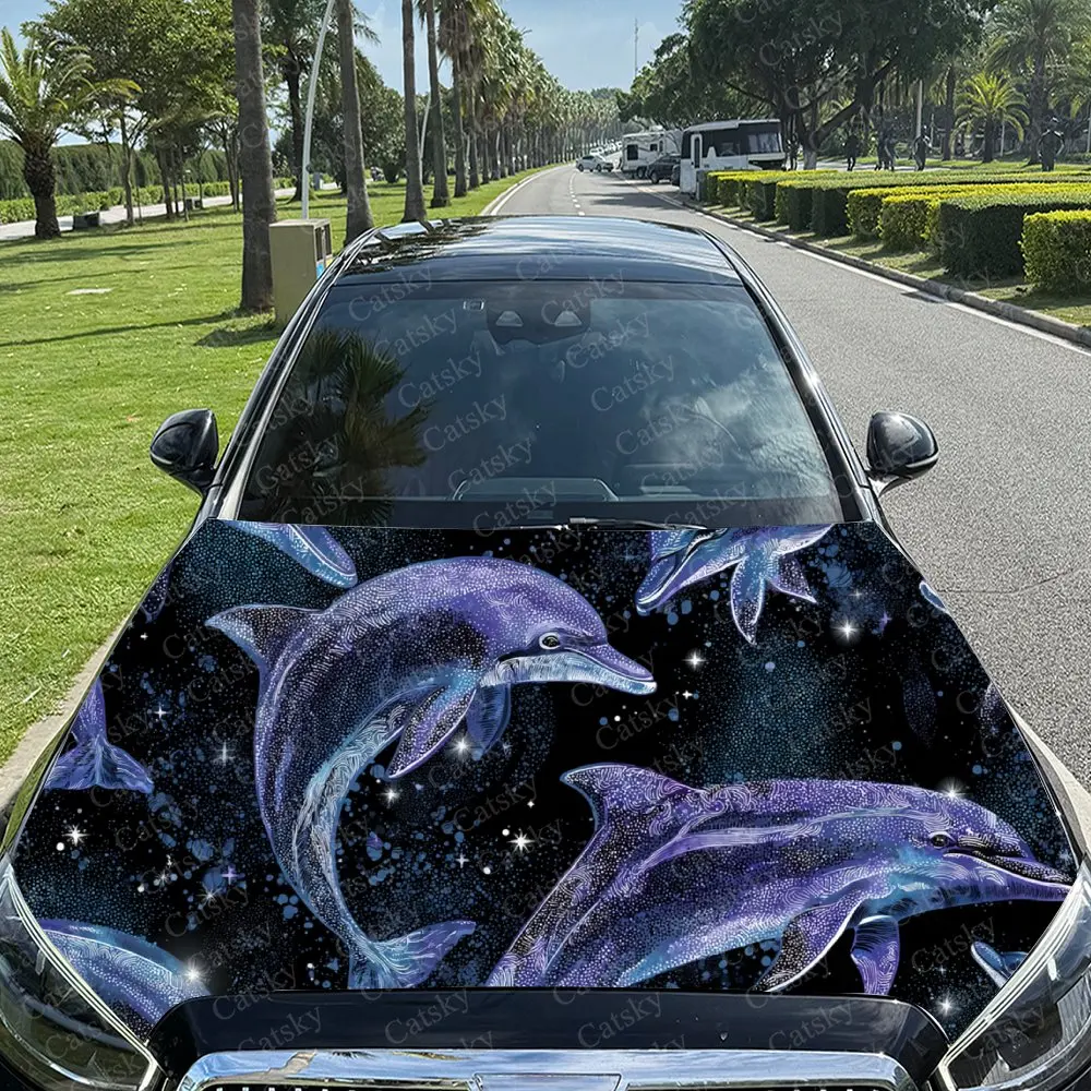

Car Decal Dolphins with Cosmic Blue-Purple Artistic Fusion Design, Creating a Mysterious and Celestial Visual Car Hood Sticker,