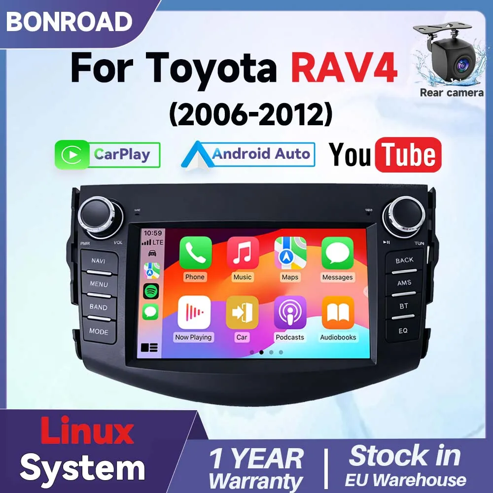 BONROAD Autoradio multimédia sans fil Carplay Android de 7 pouces pour Toyota RAV4 2006 2007 2008 2009 2010 2011 2012 Écran tactile Linux avec Mirrorlink Youtube BT DSP Musique en ligne Caméra de recul