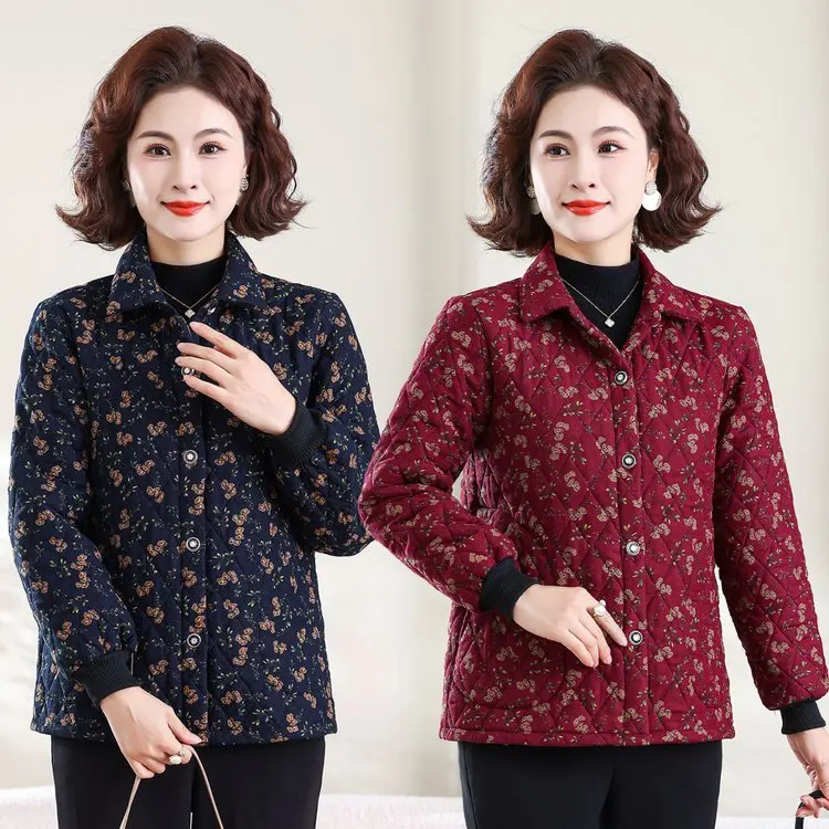 

Пальто с цветочным принтом из чистого хлопка и льна с воротником для женщин среднего и старшего возраста, осенне-зимняя модная верхняя одежда