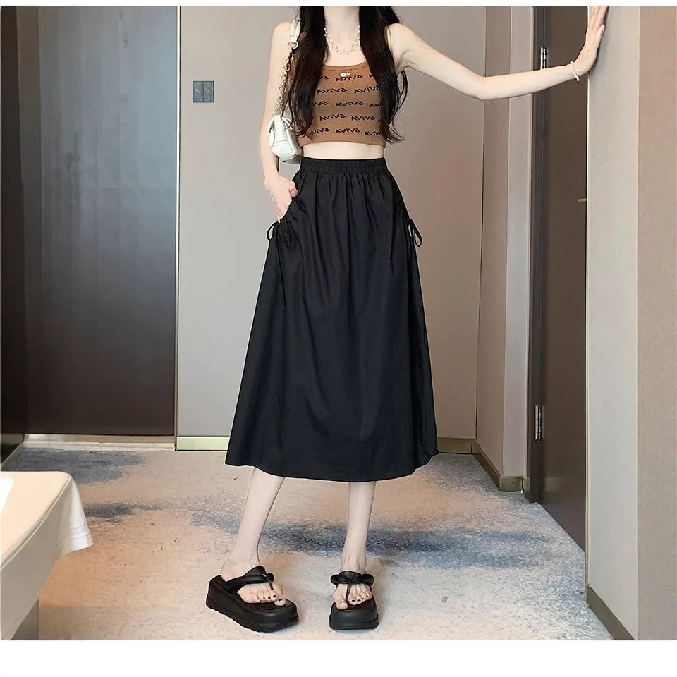 High Waist Drawstring Workwear  Skirt Women's Summer A-Line Skirts Conceal Hip Slimming Midi Length Umbrella Skirts