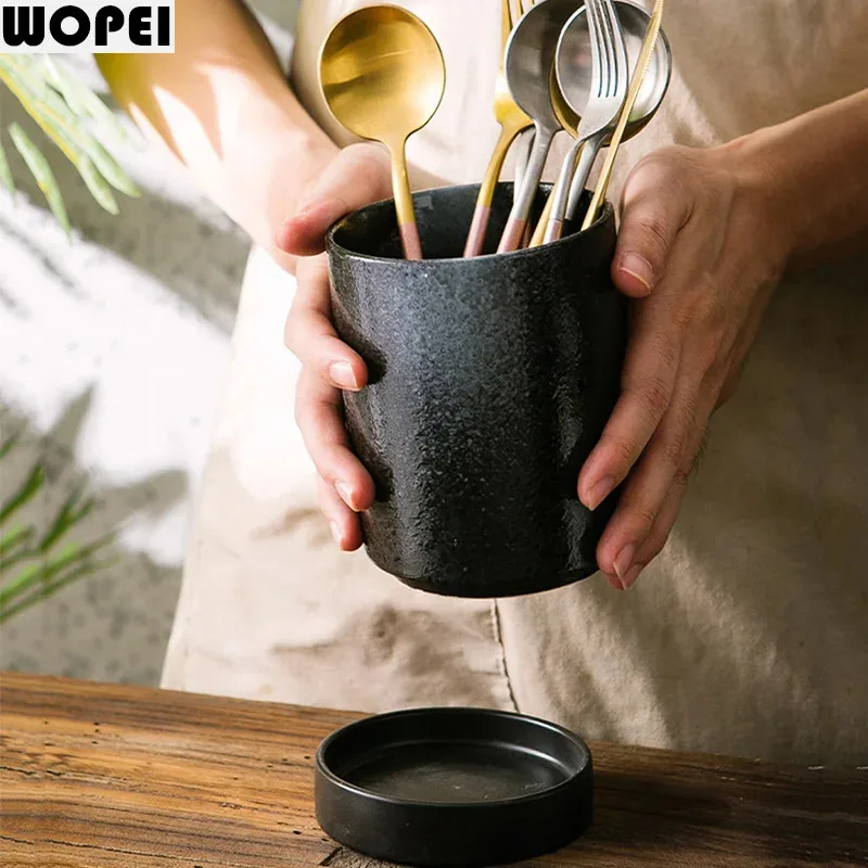 Japanese Style Ceramic Chopstick Holder Creative Chopstick Rest Drainage Storage Rack Knife Fork Storage Jar Home Storage Tool