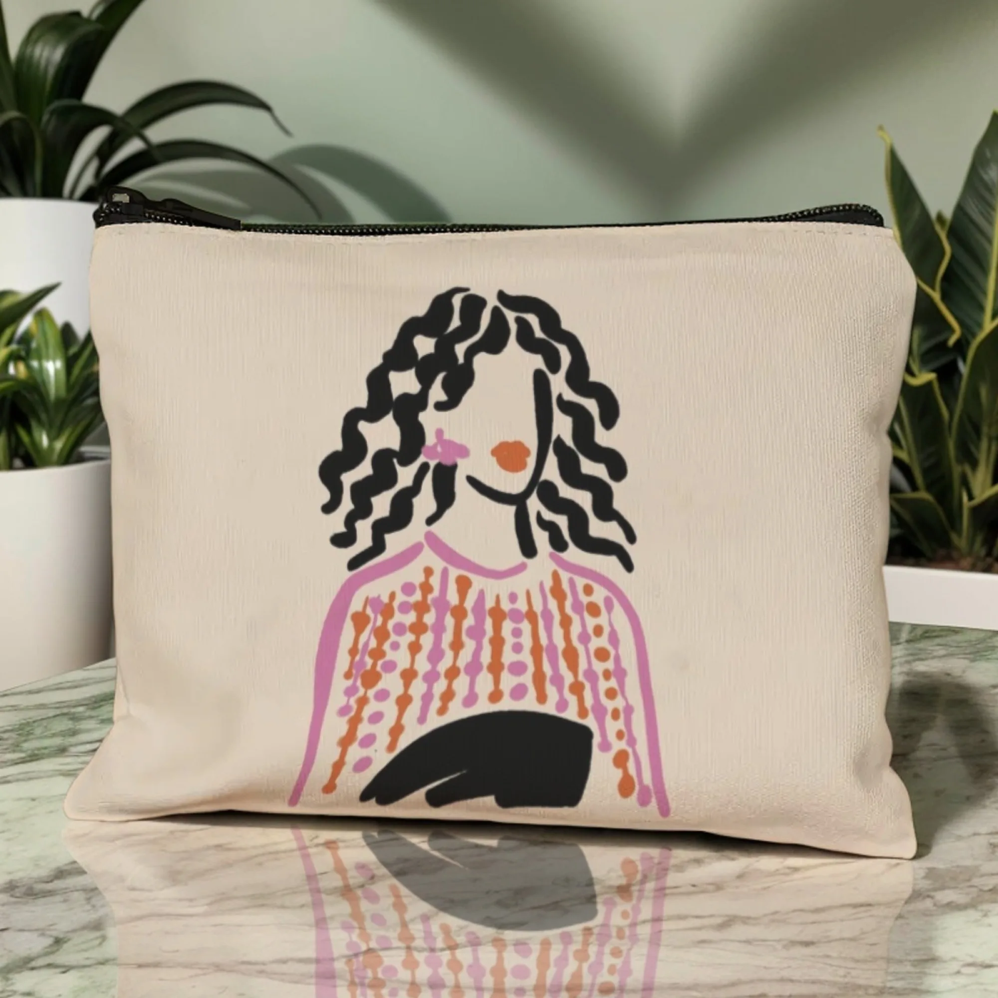 Abstract Curly Hair Woman Cosmetic Bag，Lightweight Zipper Pouch， Travel Makeup Organizer for Girl & Women，Artistic Daily & Trip