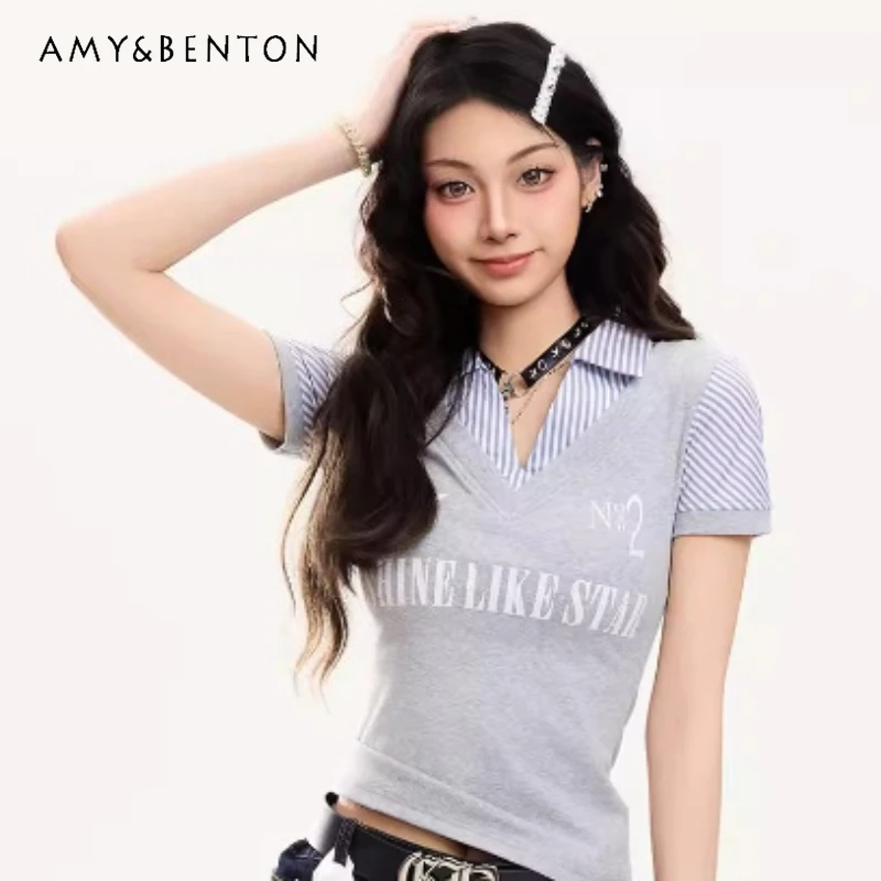 

Sweet Cool Hot Girl American Lapel Women's Top 2026 Summer Age-Reducing Stripe Splicing Short Sleeve POLO Shirt T-Shirts Ladies