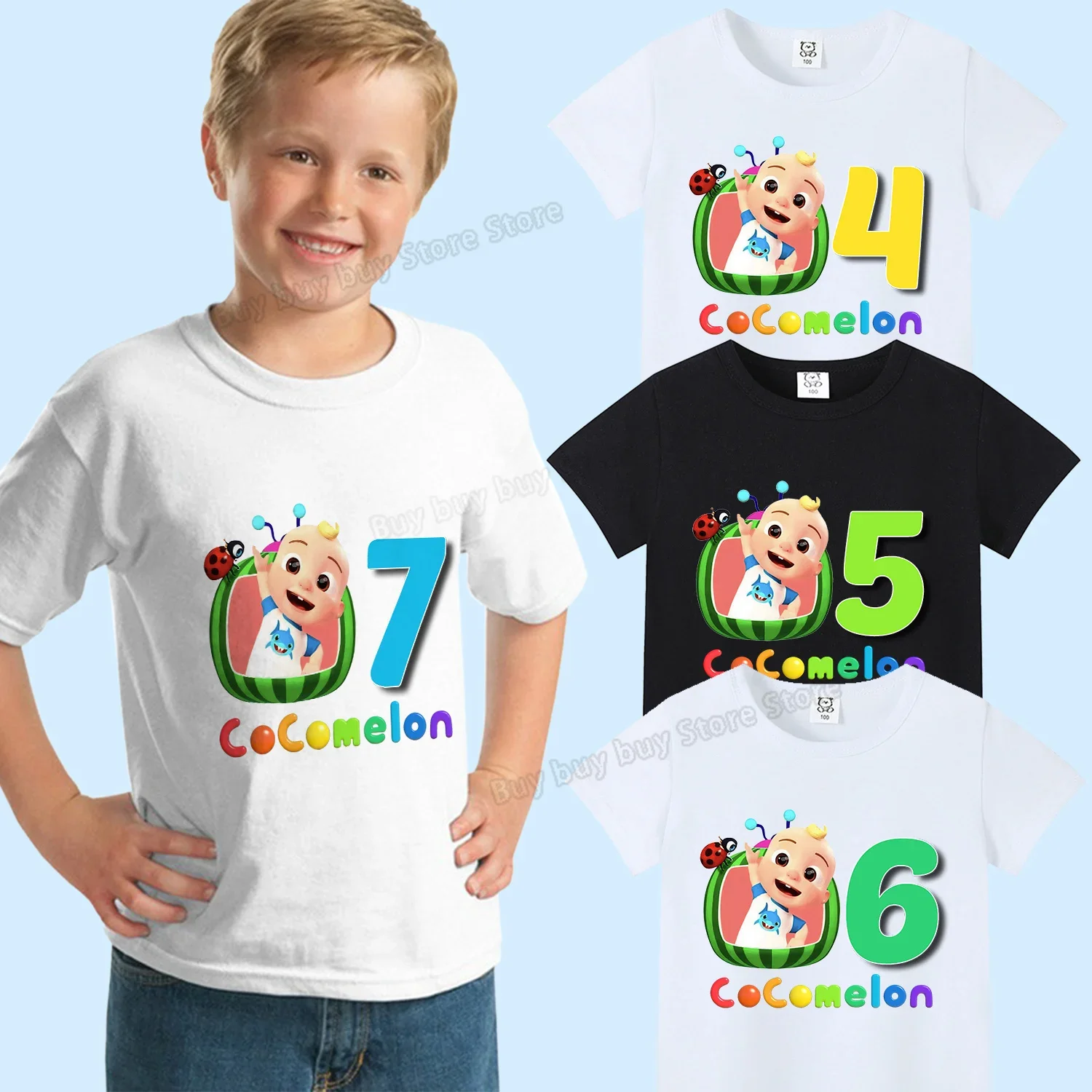 

Cocomelons Birthday Number T-shirt for Children Summer Tees Shirt Short-sleeve Tops Cotton Clothes Cartoon Kids Clothing Gifts