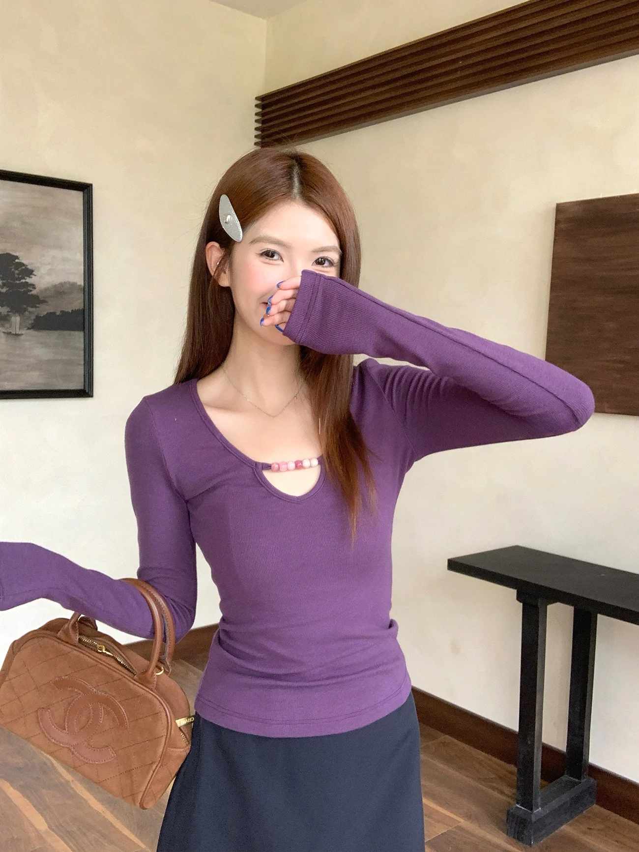 

EUUPT2 Purple Beaded Long Sve T-irt Slim Fit Base Layer irt Weight Loss Versatile Pure Desire Spicy Girl Top