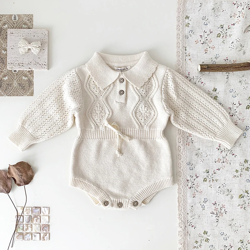 Spring Autumn Infant Kids Baby Girls Long Sleeve Solid Color Hollow Out Knit Jumpsuit Newborn Baby Girls Clothes Rompers