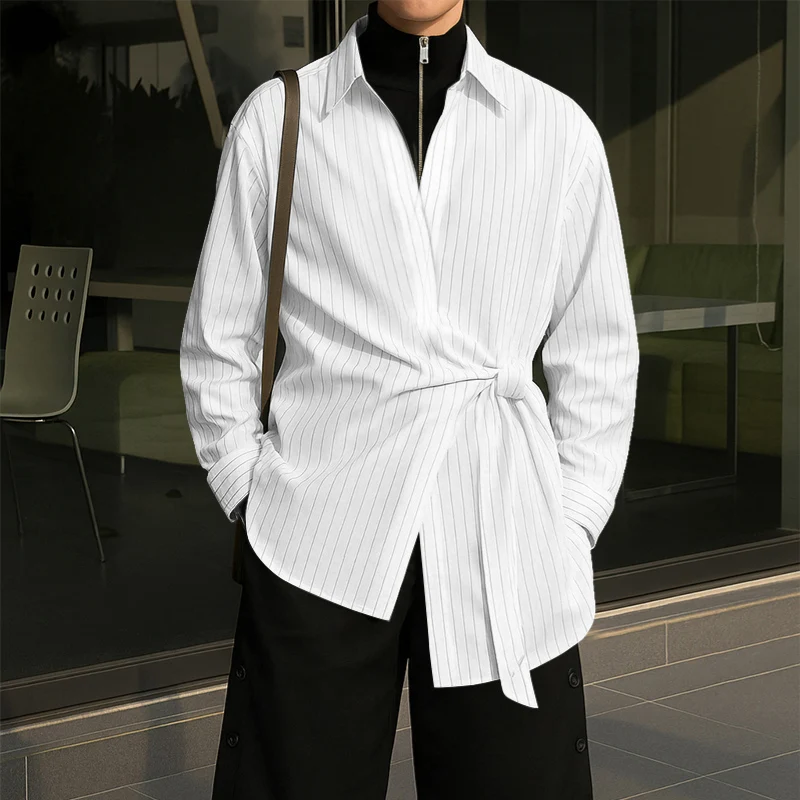 INCERUN قميص مخطط للرجال ذو طية صدر السترة وأكمام طويلة ملابس رجالية غير رسمية ملابس الشارع الكورية قمصان رجالية غير منتظمة عصرية كبيرة الحجم