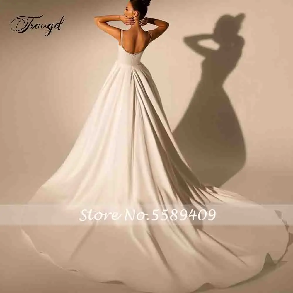 Traugel Sexy Backless Scalloped Matte Stain Vintage Wedding Dresses Exquisite Beaded Court Train A Line Bridal Gown