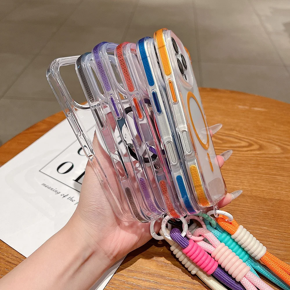 Magnetic Wrist Strap Transparent Candy Frame Phone Case For iPhone 15 11 12 13 14 16 Pro Max Plus Shockproof Fall Prevention