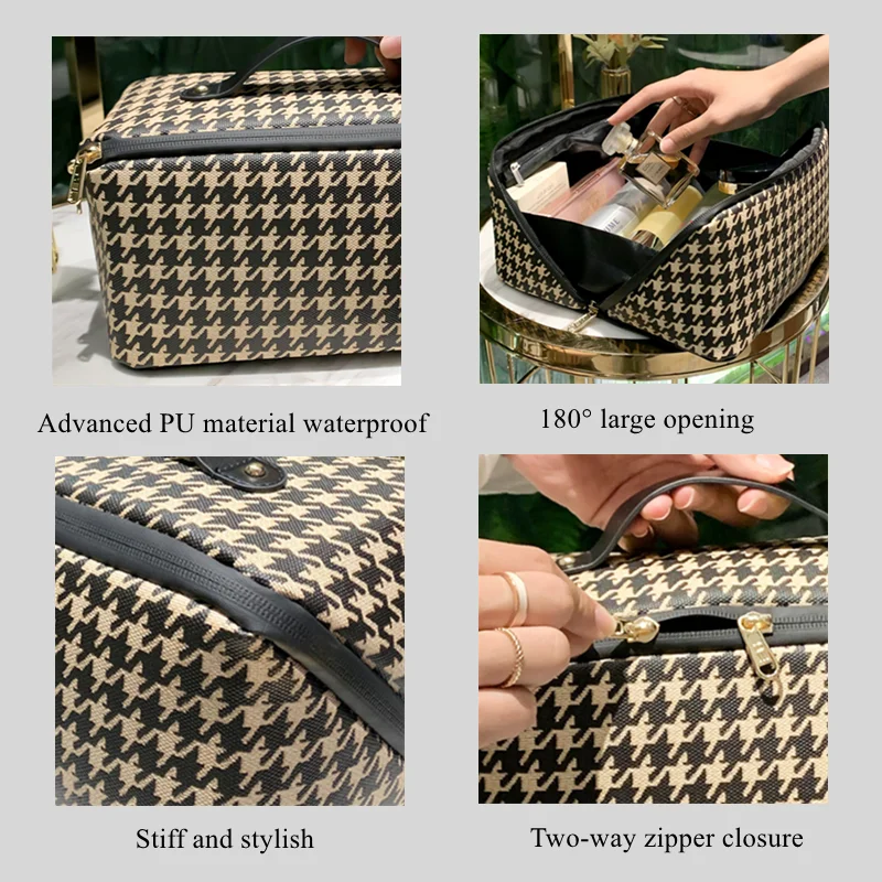 Houndstooth Cosmetic Storage Bag Women Travel Leather Waterproof Makeup Organizer Toiletries Cube Bag Pouch Accessories Supplies