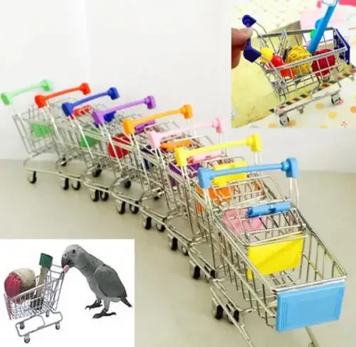 Nuevo Mini carrito de compras colorido y divertido para supermercado, carrito para mascotas, pájaros, loros, hámster, juguete, cesta de frutas, canario