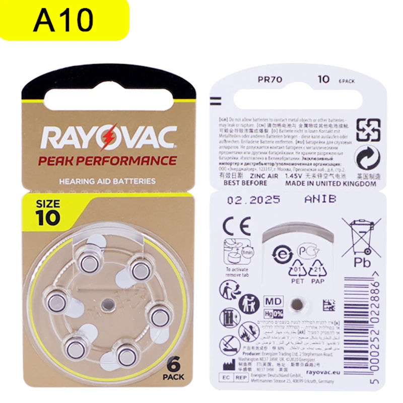 Batería para audífonos A10 10A ZA10 10 S10 PR70 RAYOVAC PEAK Zinc Air 10/A10, dispositivo de aire, baterías para amplificador de sonido, envío