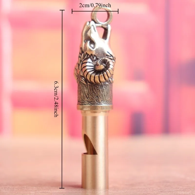 Brass Whistle with Ram Head Sculpture, Vintage Metal Survival Whistle, Outdoor Emergency Signal Tool, Brass Pendant Ornament