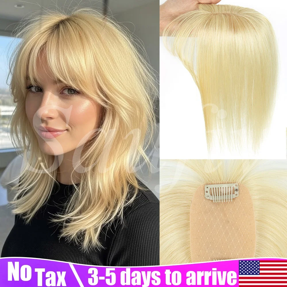 Women Short Natural Blonde Human Hair Toppers With Bangs Real Human Hair Pieces 5x9cm Seamless Invisible Clip in Human Hair Toppers for Thinning Hair to Add Volume Natural Black Brown Blonde Straight Hair Topper Human Hairpieces to Add Volume